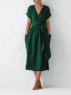 Robe Portefeuille Femme En Lin Midi Ceinture - Léonie – Vert