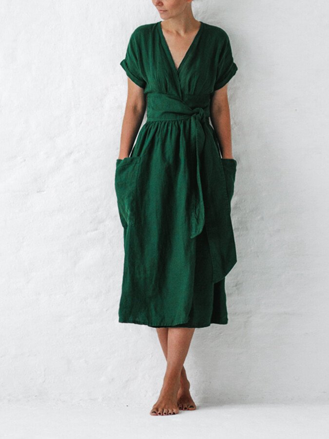 Robe Portefeuille Femme En Lin Midi Ceinture - Léonie – Vert