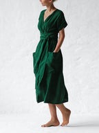 Robe Portefeuille Femme En Lin Midi Ceinture - Léonie