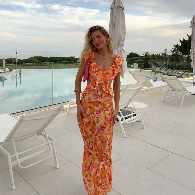 Claire | Robe Maxi Cocktail Volants Tendance Été Élégant