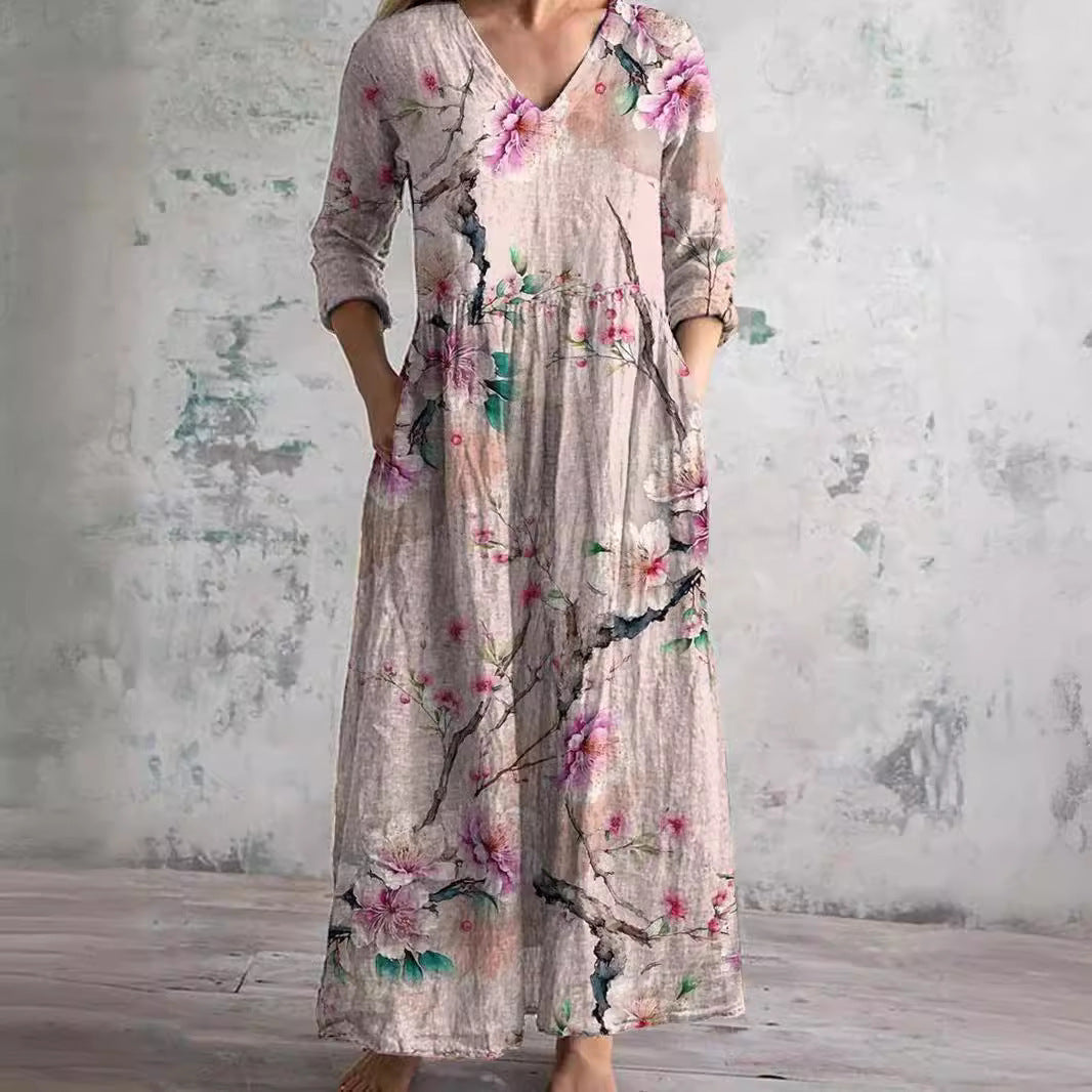 Brigitte - Robe Longue Femme en Lin Fleurie
