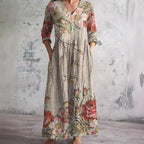 Brigitte - Robe Longue Femme en Lin Fleurie – Beige