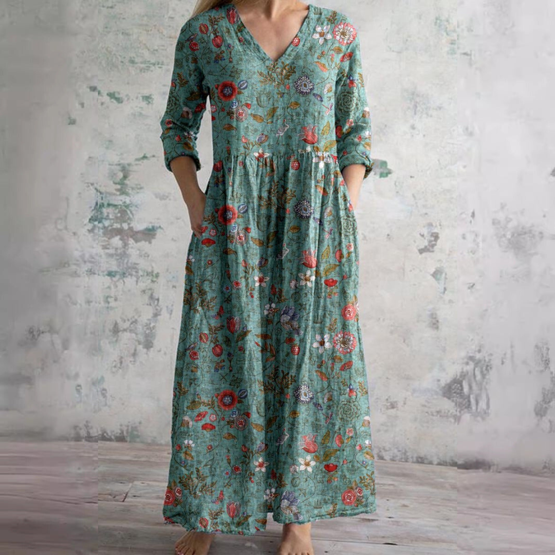 Brigitte - Robe Longue Femme en Lin Fleurie