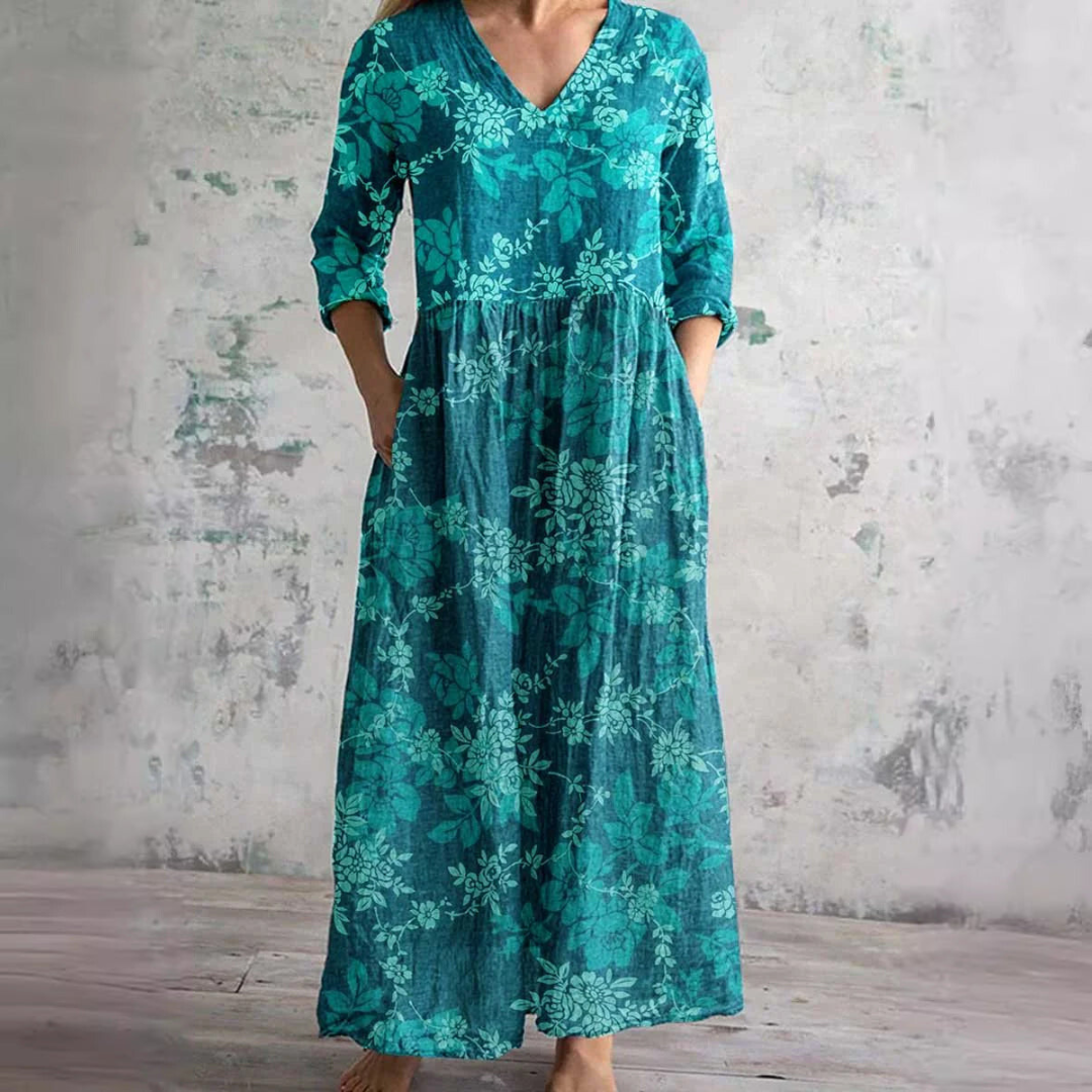 Brigitte - Robe Longue Femme en Lin Fleurie