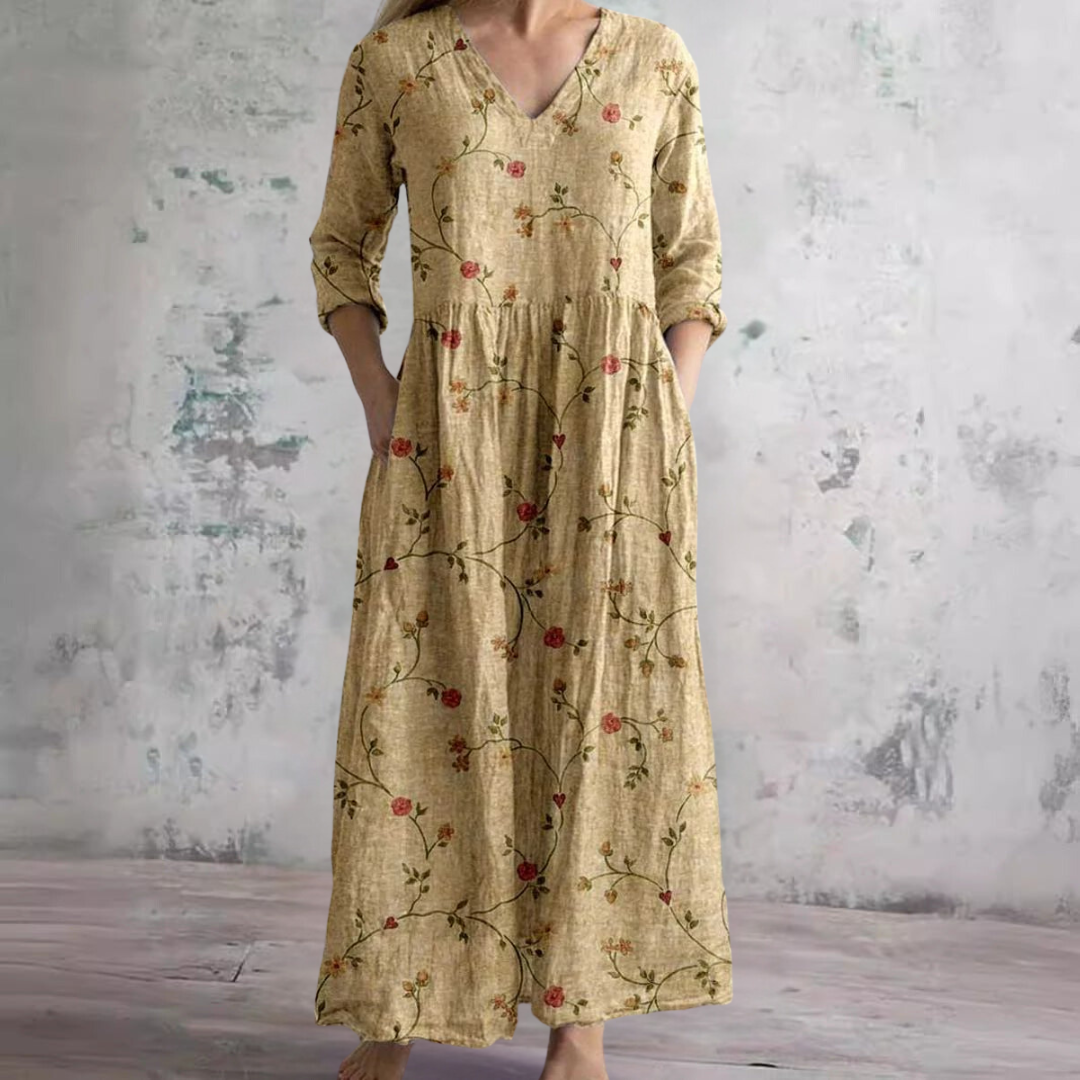 Brigitte - Robe Longue Femme en Lin Fleurie