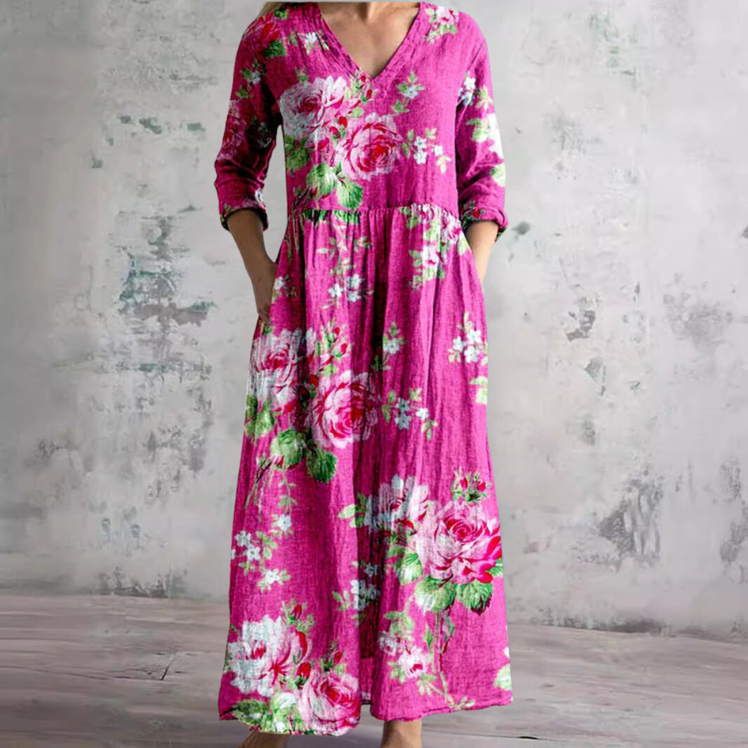 Brigitte - Robe Longue Femme en Lin Fleurie