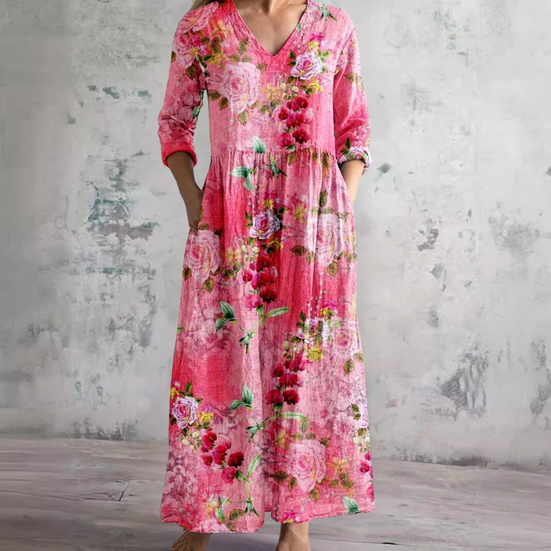 Brigitte - Robe Longue Femme en Lin Fleurie