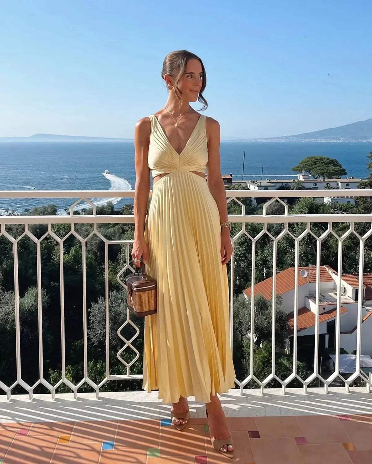 Claire | Robe Maxi Plissée Jaune Tendance Été Élégant