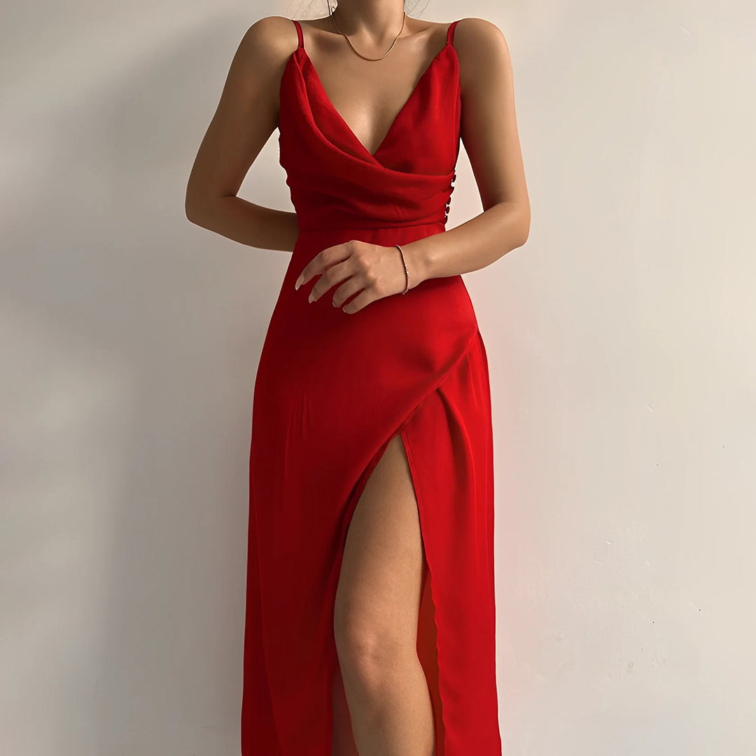 Caroline - Robe Longue Satin Fendue Sexy Femme