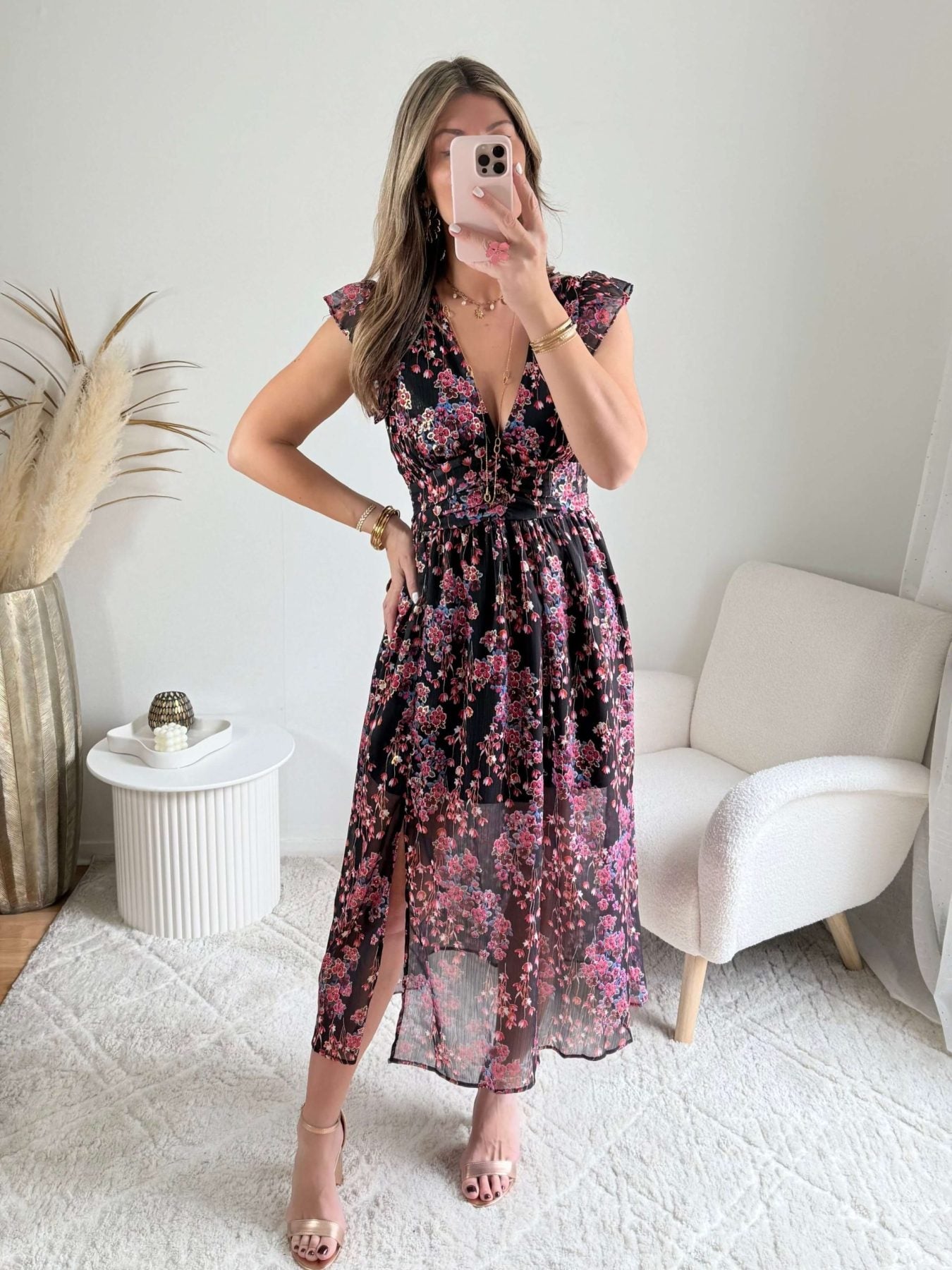 Robe fendue fleurie dorée - Lya