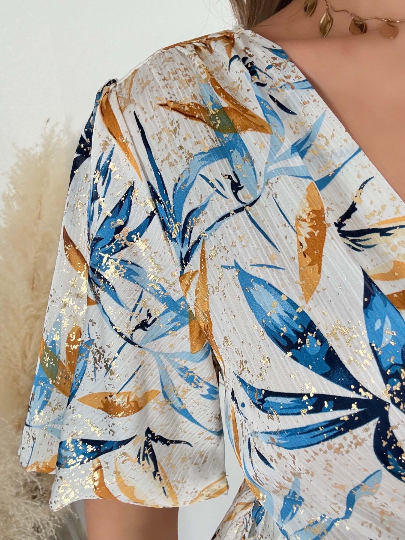 Robe longue fendue bleu et doré - Melina