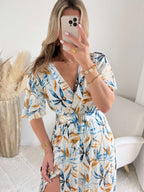 Robe longue fendue bleu et doré - Melina