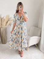Robe longue fendue bleu et doré - Melina