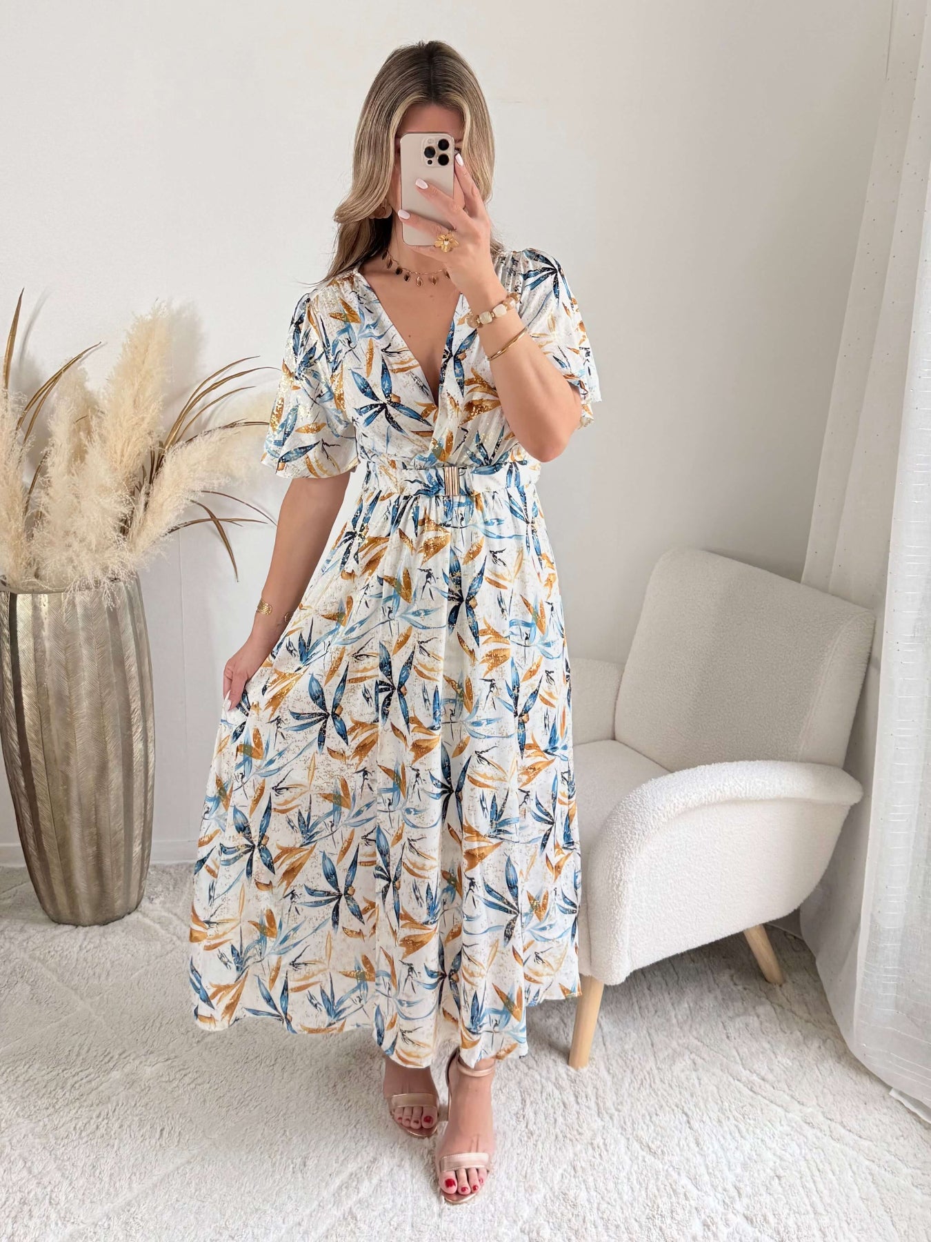 Robe longue fendue bleu et doré - Melina