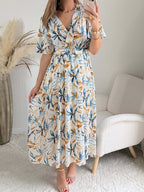 Robe longue fendue bleu et doré - Melina