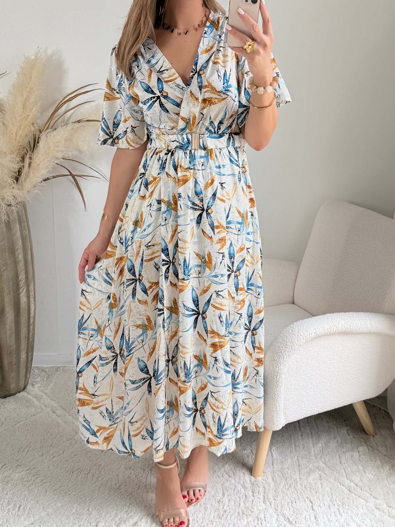 Robe longue fendue bleu et doré - Melina
