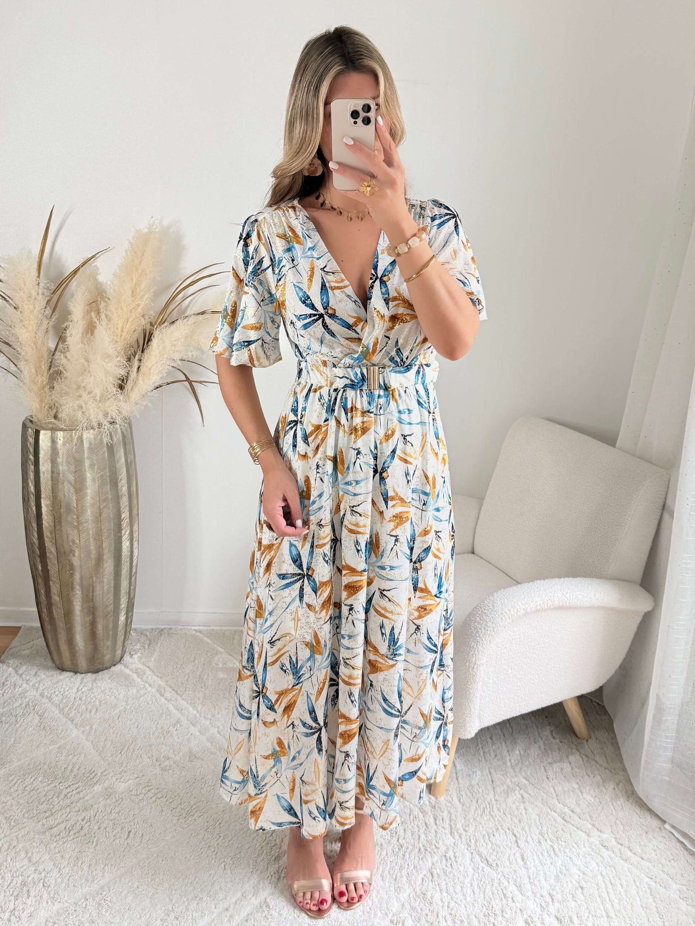 Robe longue fendue bleu et doré - Melina