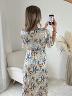 Robe longue fendue bleu et doré - Melina
