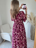 Robe longue fendue fleurie prune - Katy