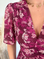 Robe longue fendue fleurie prune - Katy