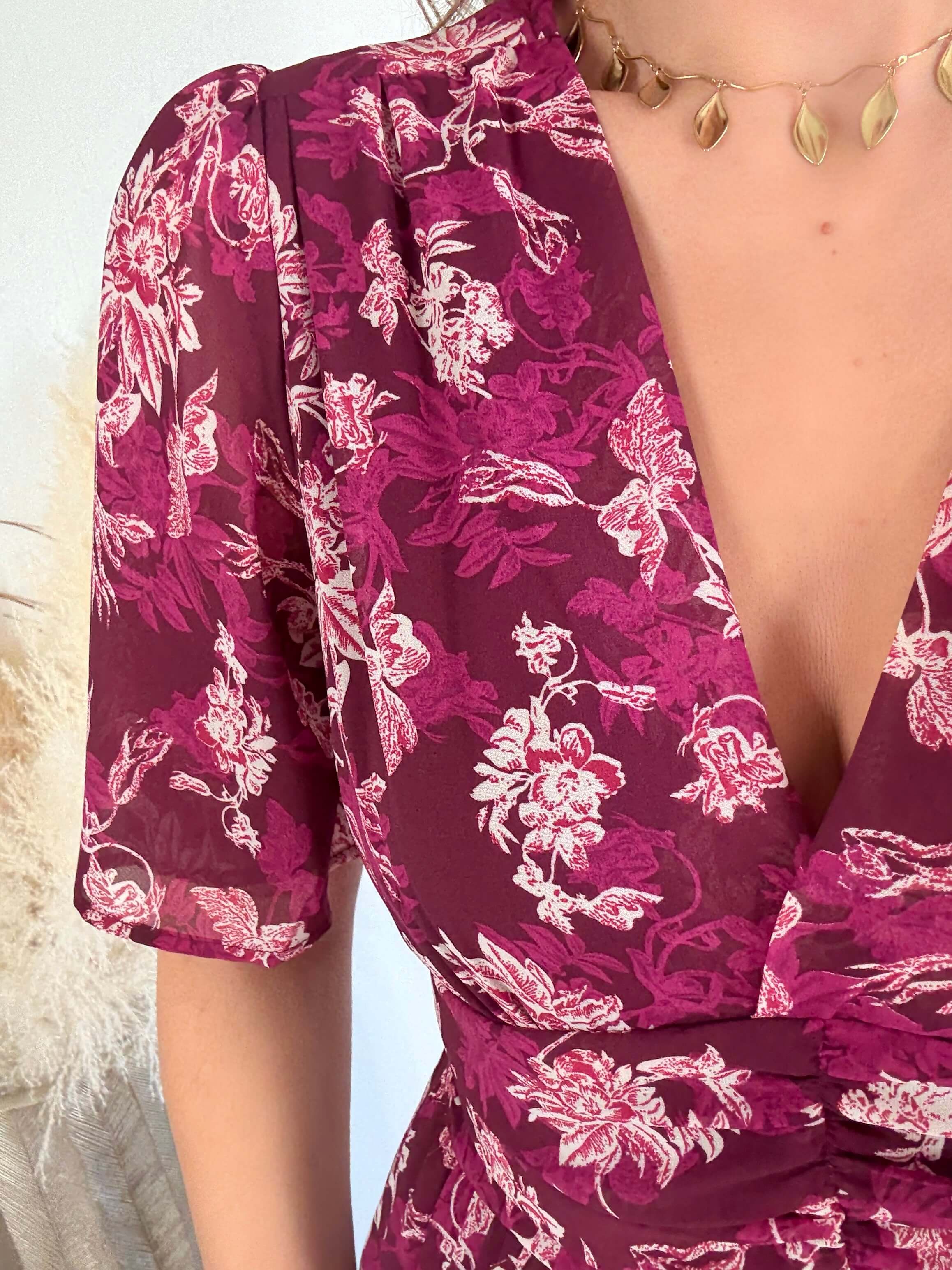 Robe longue fendue fleurie prune - Katy