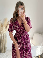 Robe longue fendue fleurie prune - Katy