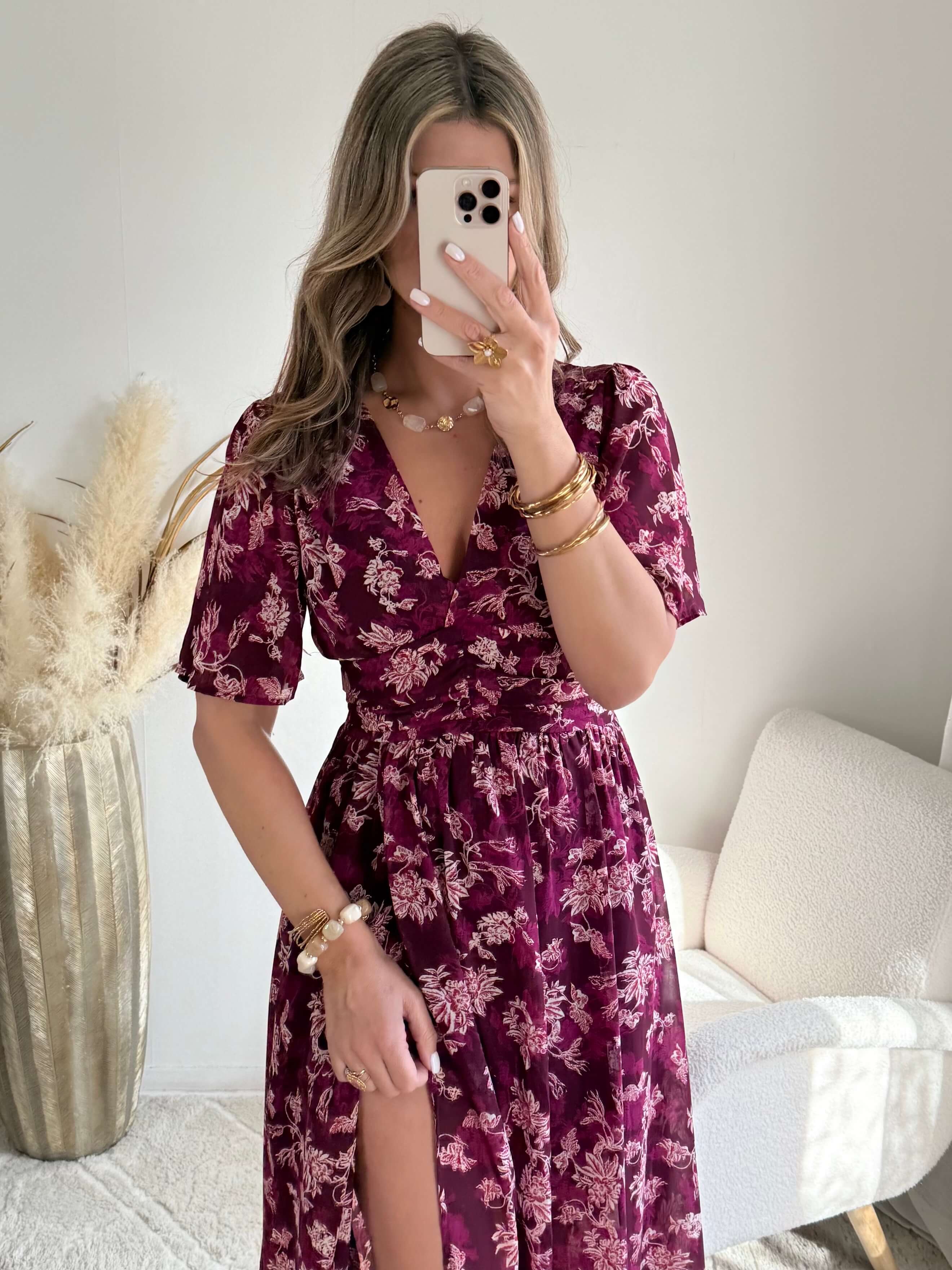 Robe longue fendue fleurie prune - Katy