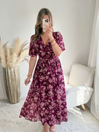 Robe longue fendue fleurie prune - Katy