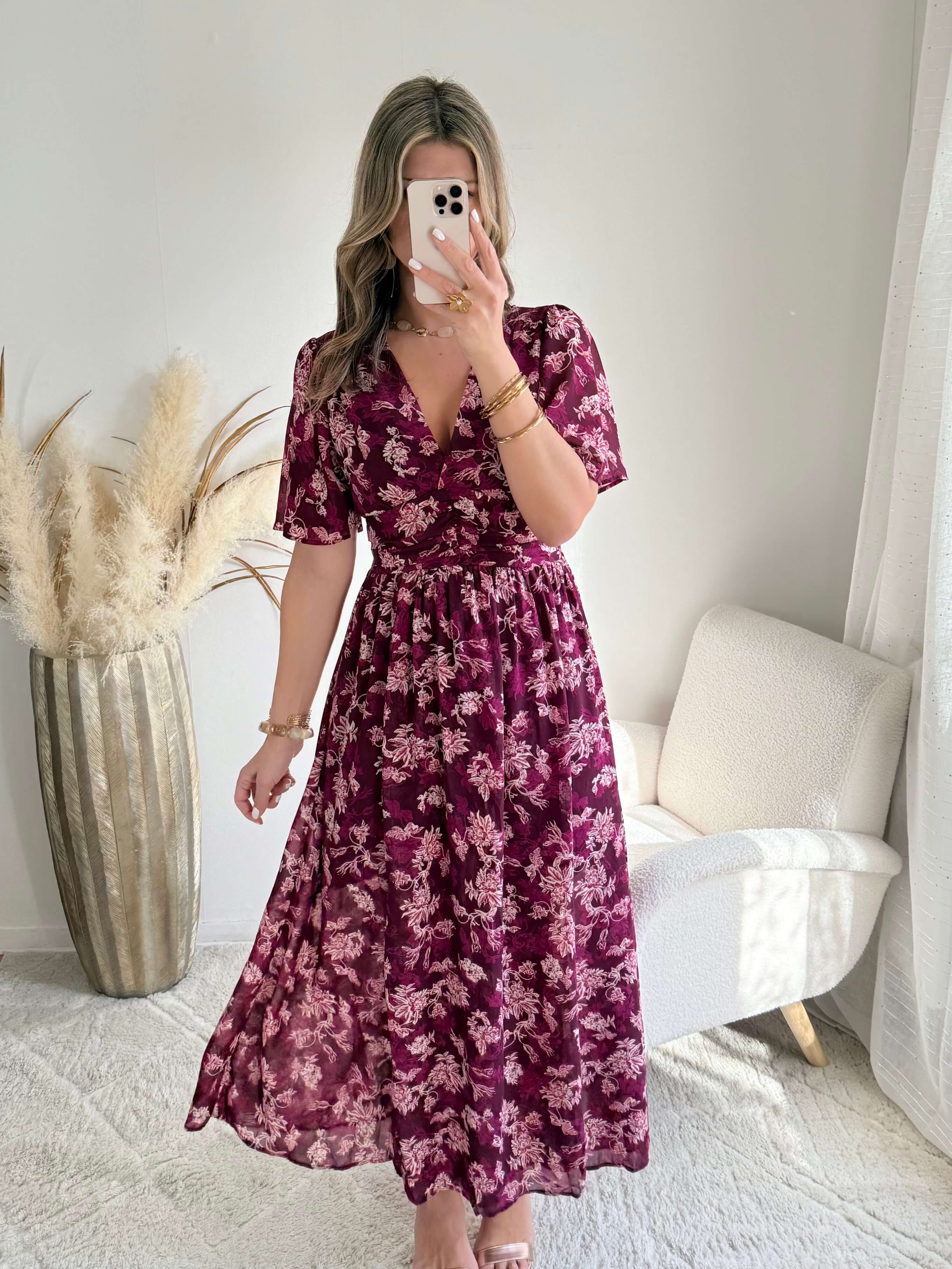 Robe longue fendue fleurie prune - Katy