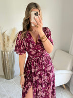 Robe longue fendue fleurie prune - Katy