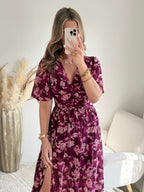 Robe longue fendue fleurie prune - Katy