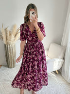 Robe longue fendue fleurie prune - Katy