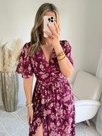 Robe longue fendue fleurie prune - Katy