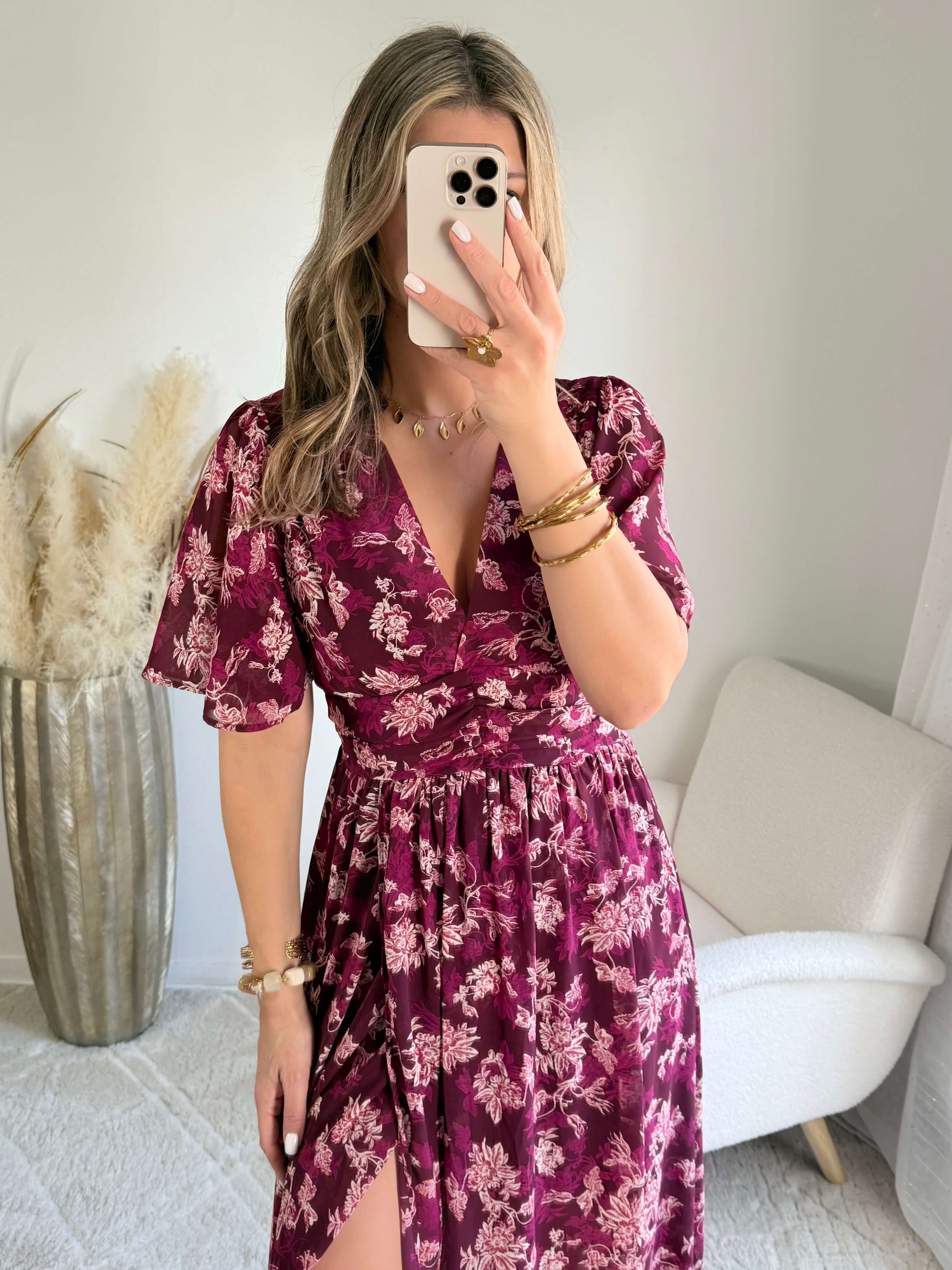 Robe longue fendue fleurie prune - Katy