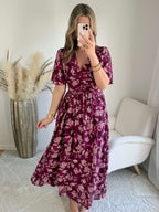 Robe longue fendue fleurie prune - Katy