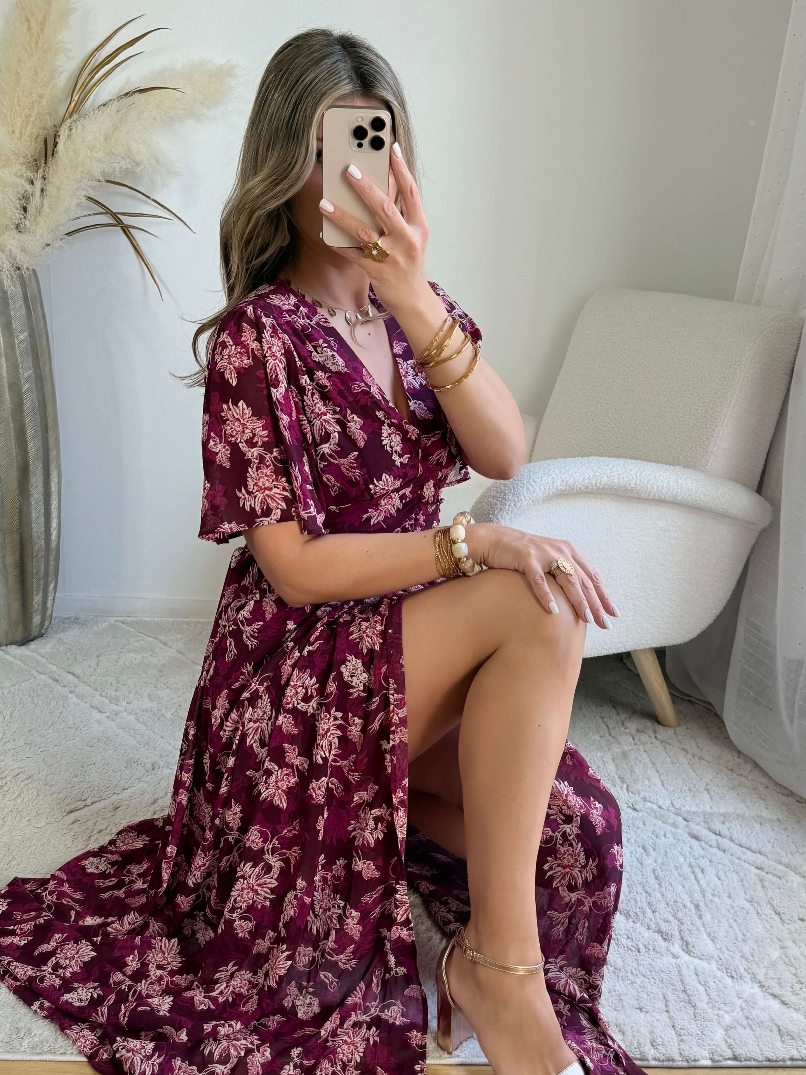Robe longue fendue fleurie prune - Katy