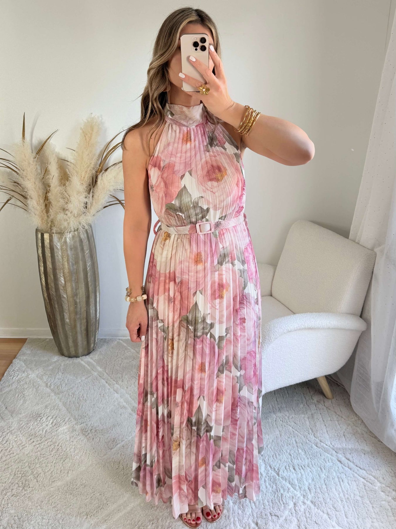 Robe longue plissée rose Capucine