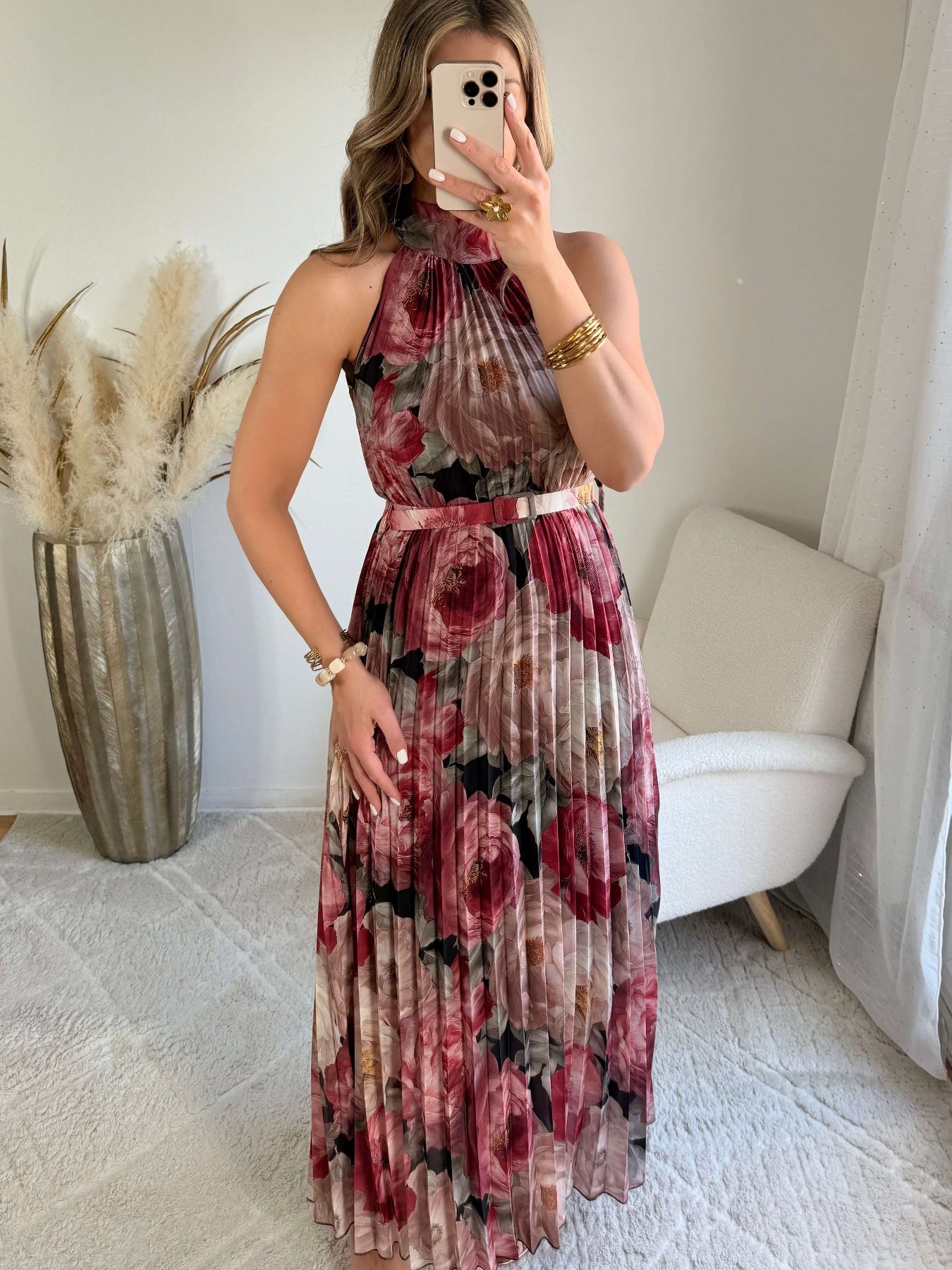 Robe longue plissée bordeaux Capucine