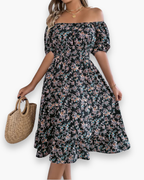 Robe midi smockée à fleurs pour femme | Ample et confortable – Noir
