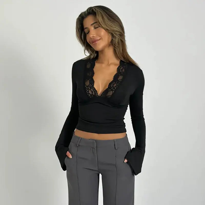 Élise | Top à Manches Longues Dentelle Tendance Éclatant