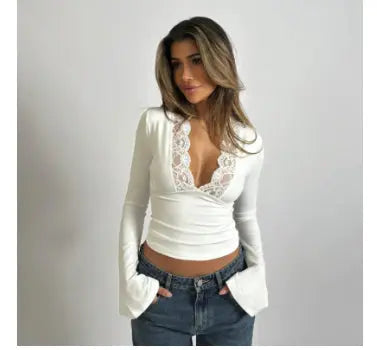 Élise | Top à Manches Longues Dentelle Tendance Éclatant