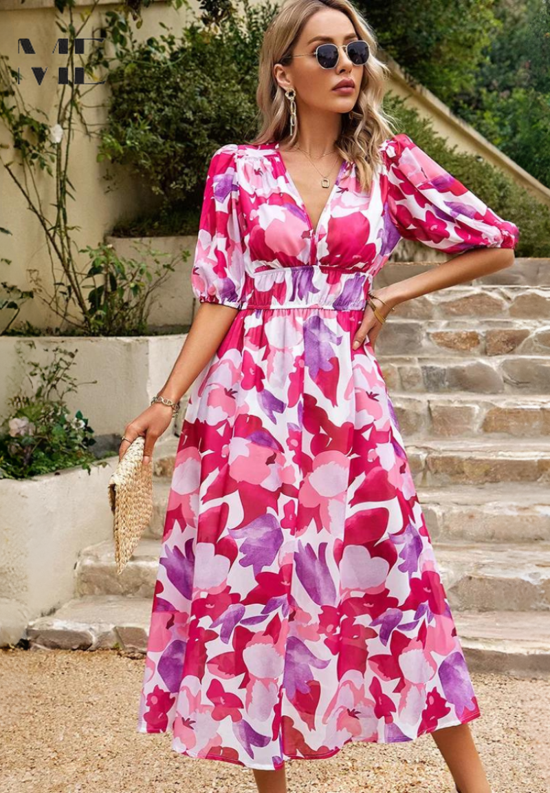 Élodie | Robe Midi Élégante à Fleurs Tendance Printanière