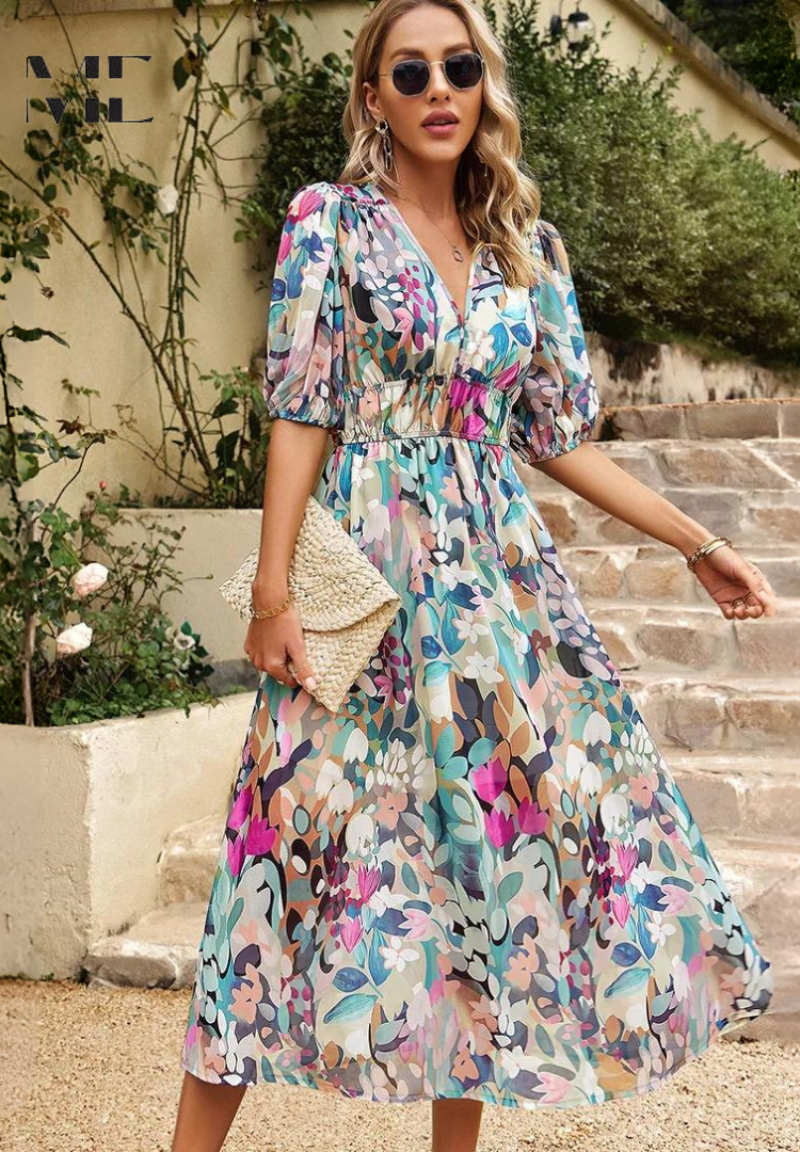 Élodie | Robe Midi Élégante à Fleurs Tendance Printanière