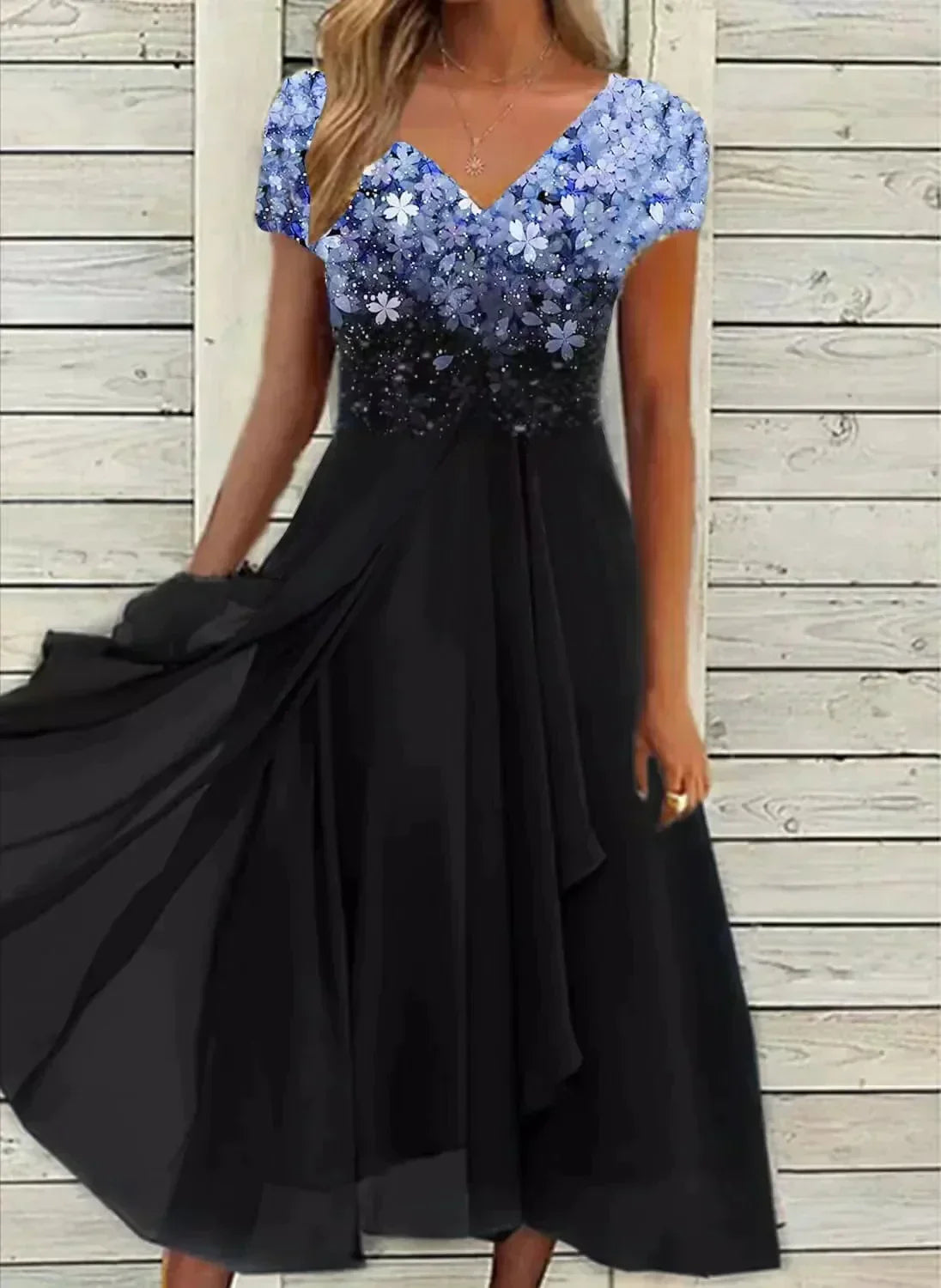 Camille - Robe Longue Florale Élégante Femme – Bleu Noir