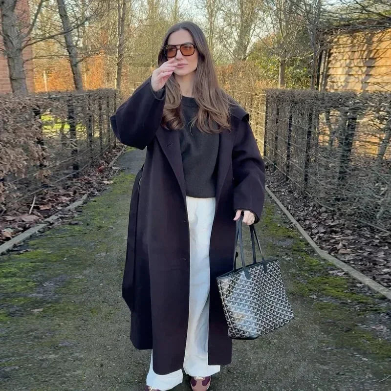 Manteau Long Femme en Laine avec Ceinture