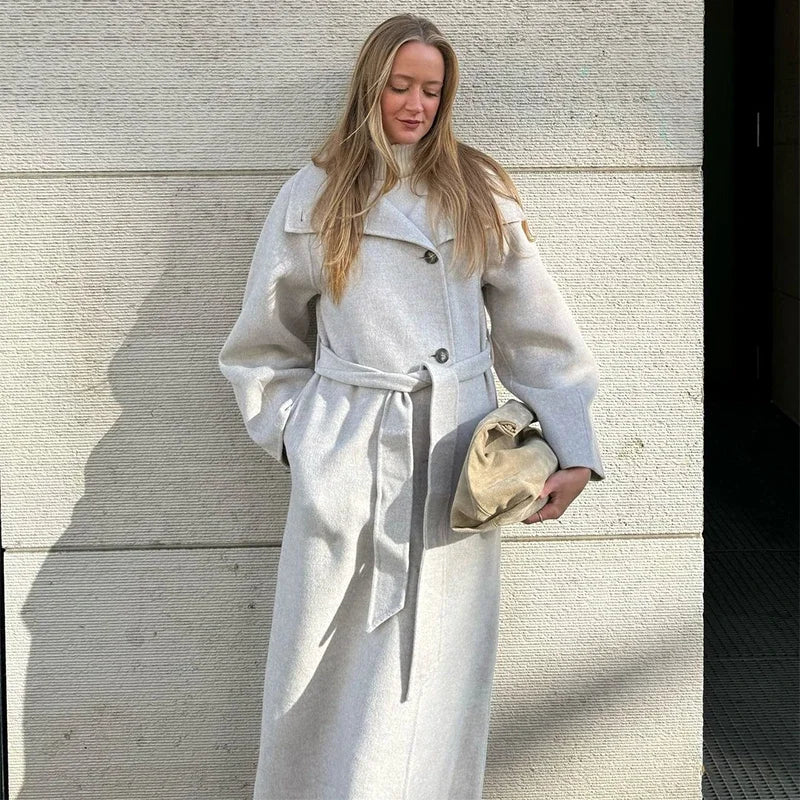 Manteau Long Femme en Laine avec Ceinture