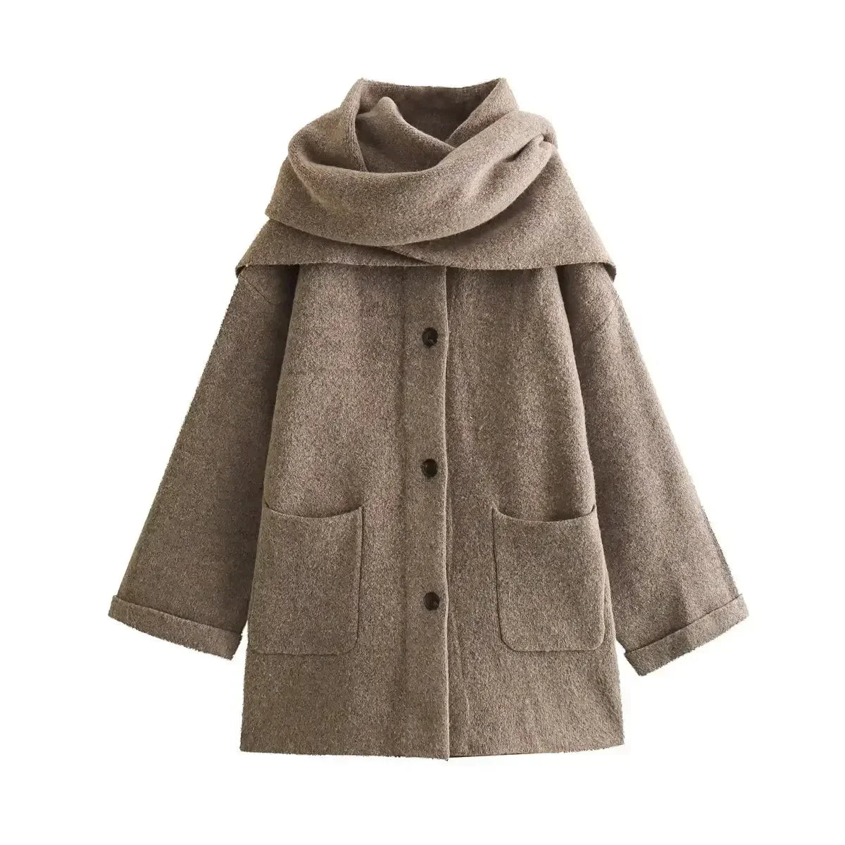 Manteau Court Tricoté avec Écharpe Intégrée