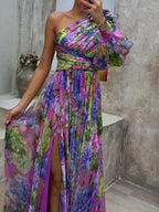 Marie - Robe Longue Fleurie Femme – Design violet/vert