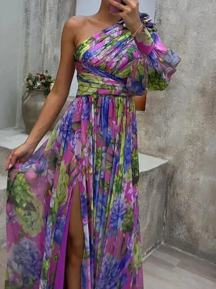Marie - Robe Longue Fleurie Femme – Design violet/vert