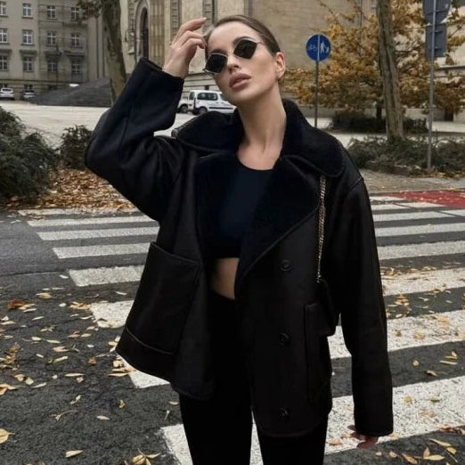 Veste Oversize à Col Réversible en Fausse Fourrure